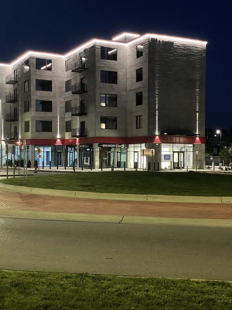 Harrison Circle, completed exterior lit at night