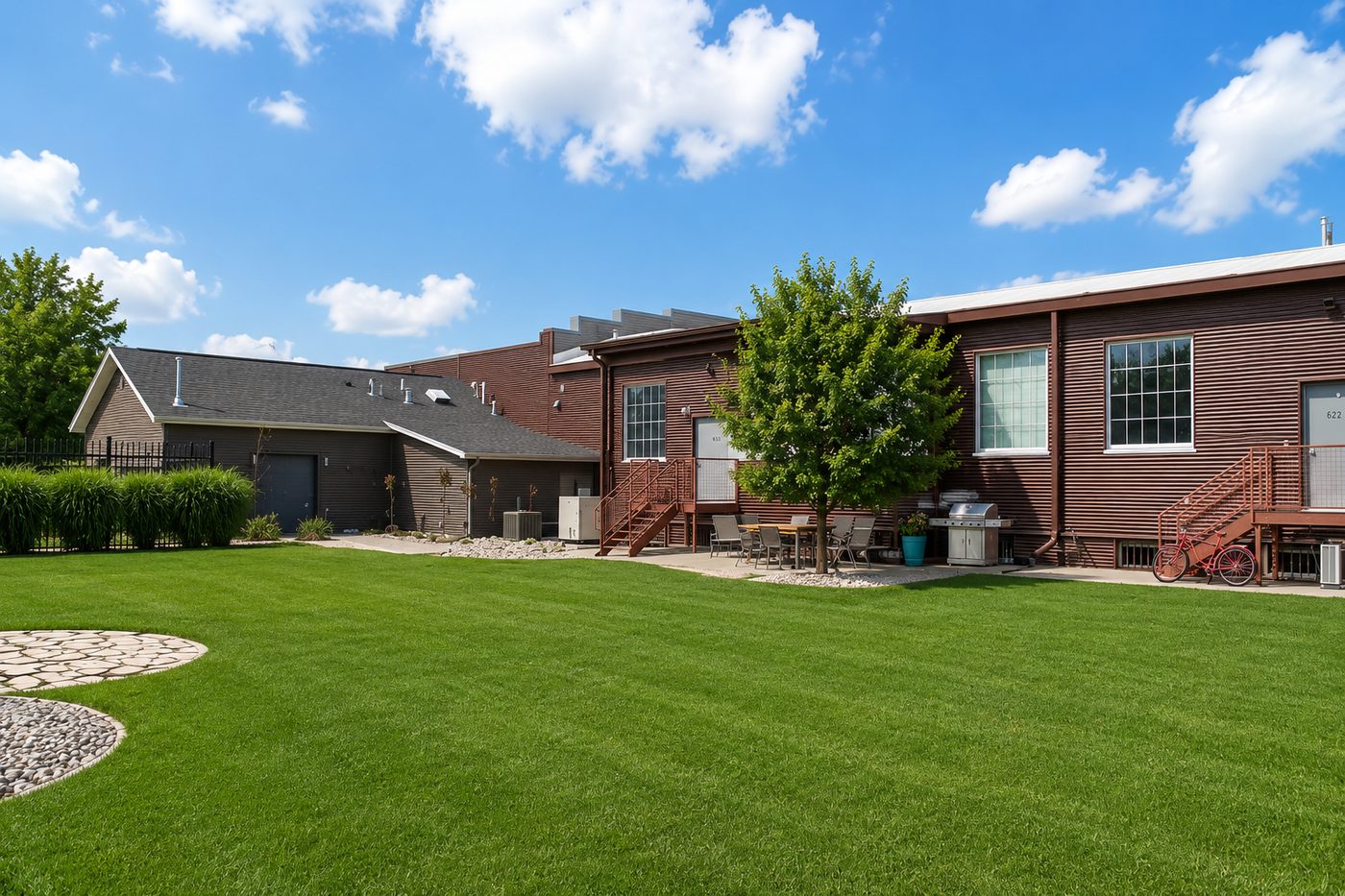 The Ignertia Building, rear exterior and lawn