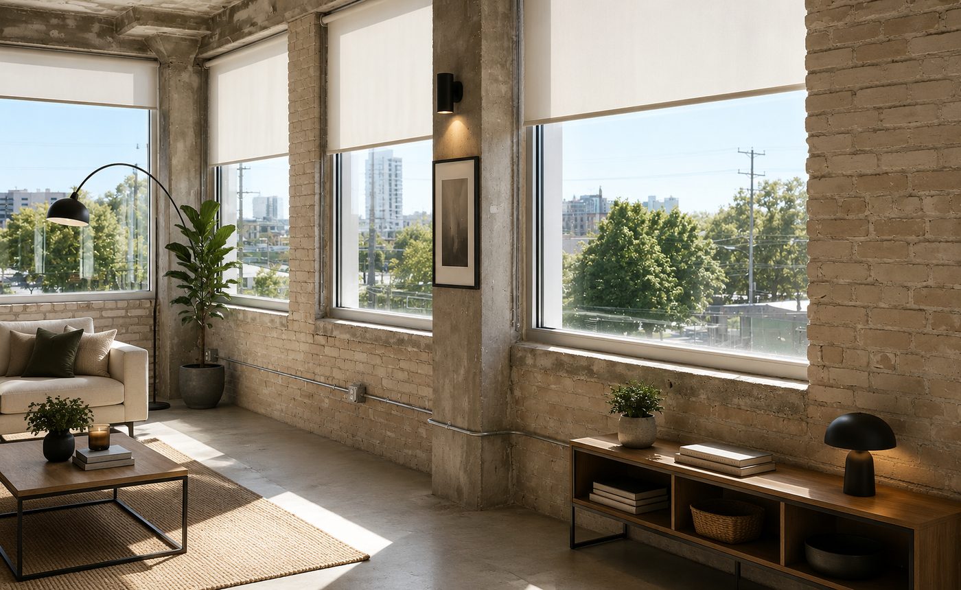 Walbridge Common, finished unit living room with exposed brick and concrete columns